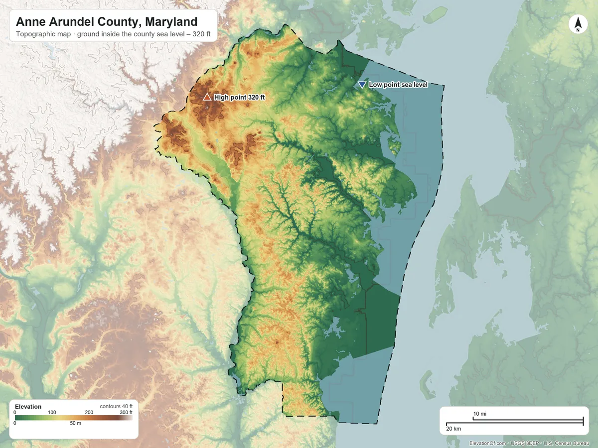 Topographic elevation map of Anne Arundel County, Maryland, shaded from sea level on Chesapeake Bay to 320 ft on the northwest side