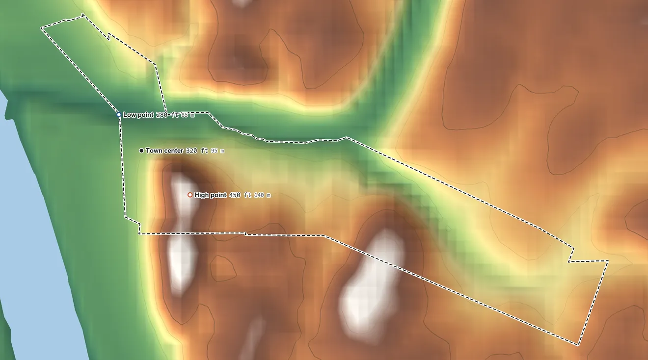Topographic elevation map of Antietam, Maryland, shaded from 280 ft near the middle to 450 ft on the southeast edge, below higher ground just outside