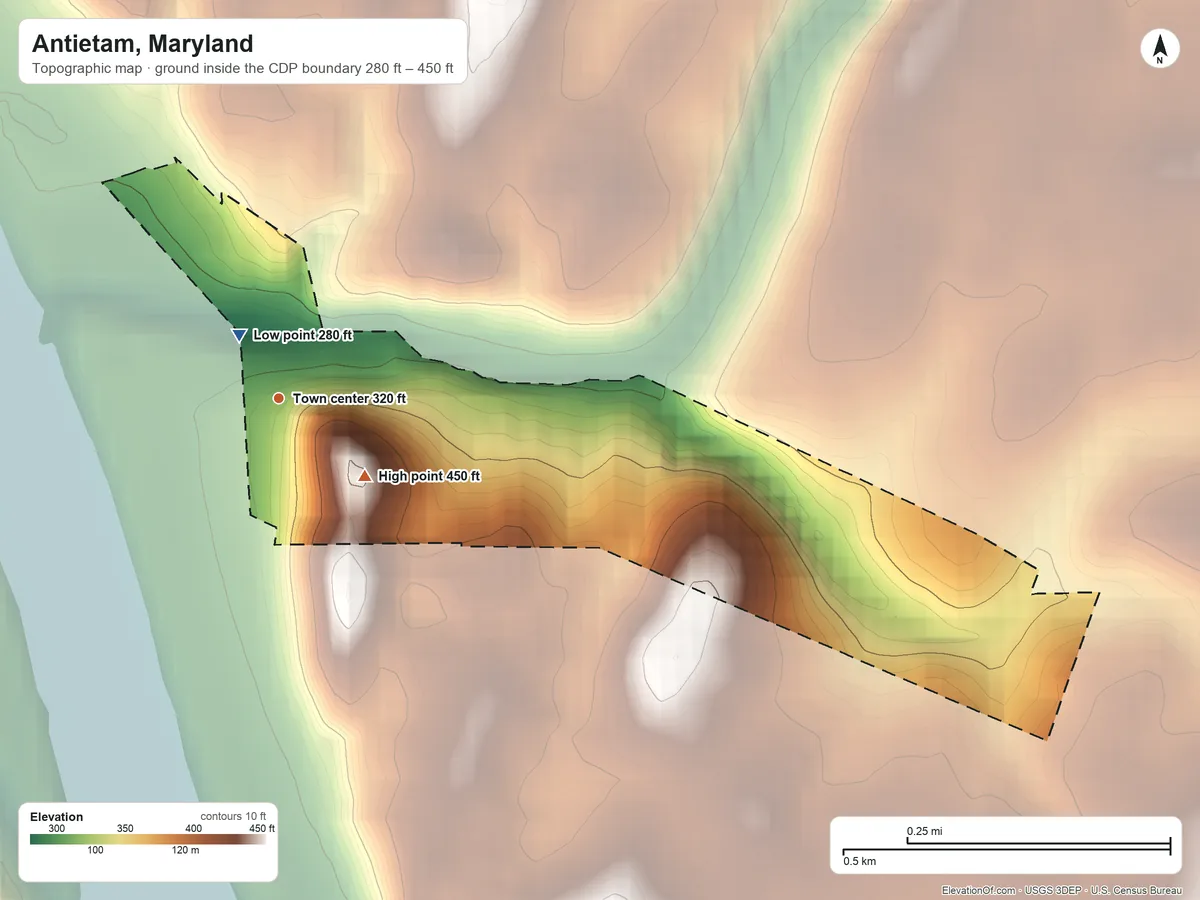 Topographic elevation map of Antietam, Maryland, shaded from 280 ft near the middle to 450 ft on the southeast edge, below higher ground just outside