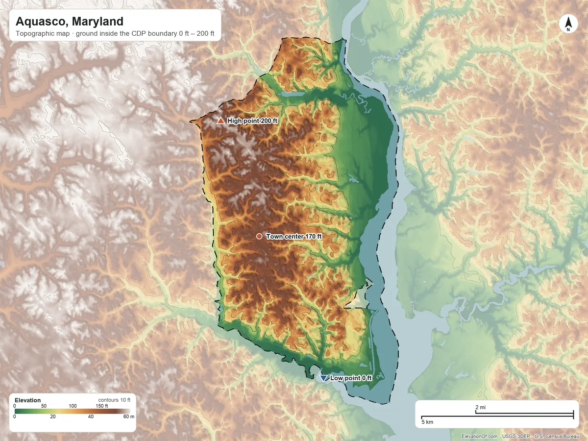 Topographic elevation map of Aquasco, Maryland, shaded from 0 ft on the southeast side to 200 ft on the north side
