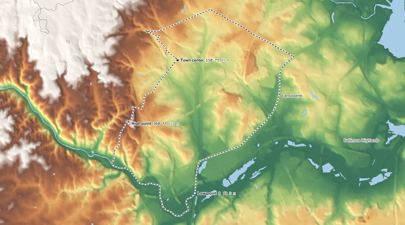 Topographic elevation map of Arbutus, Maryland, shaded from 8 ft on the south side to 360 ft on the southwest side