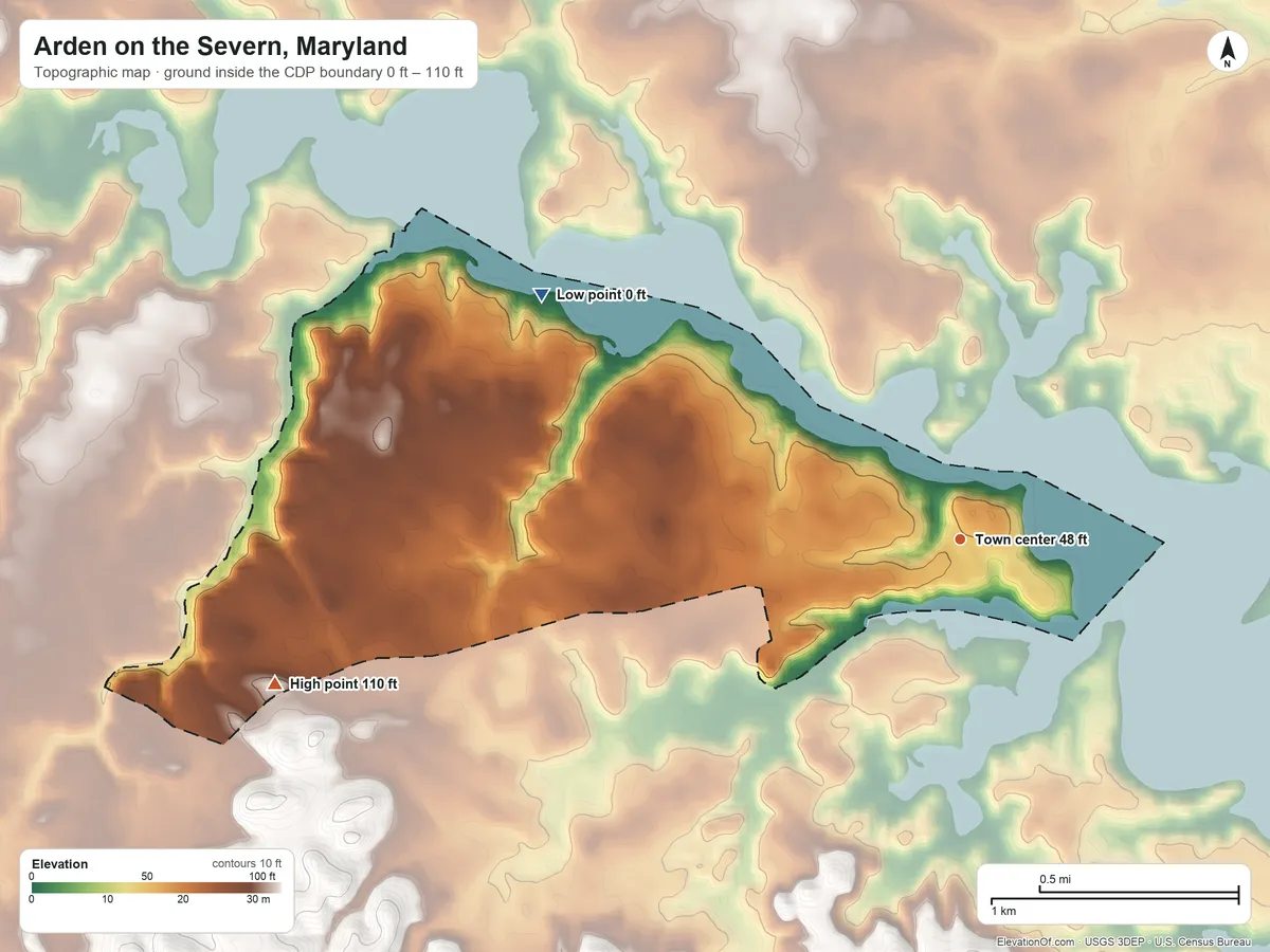 Topographic elevation map of Arden on the Severn, Maryland, shaded from 0 ft on the northwest side to 110 ft on the west side