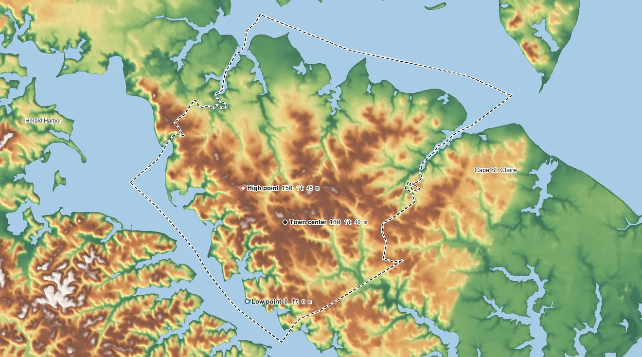 Topographic elevation map of Arnold, Maryland, shaded from sea level level on Cool Springs Cove to 150 ft on the northwest side