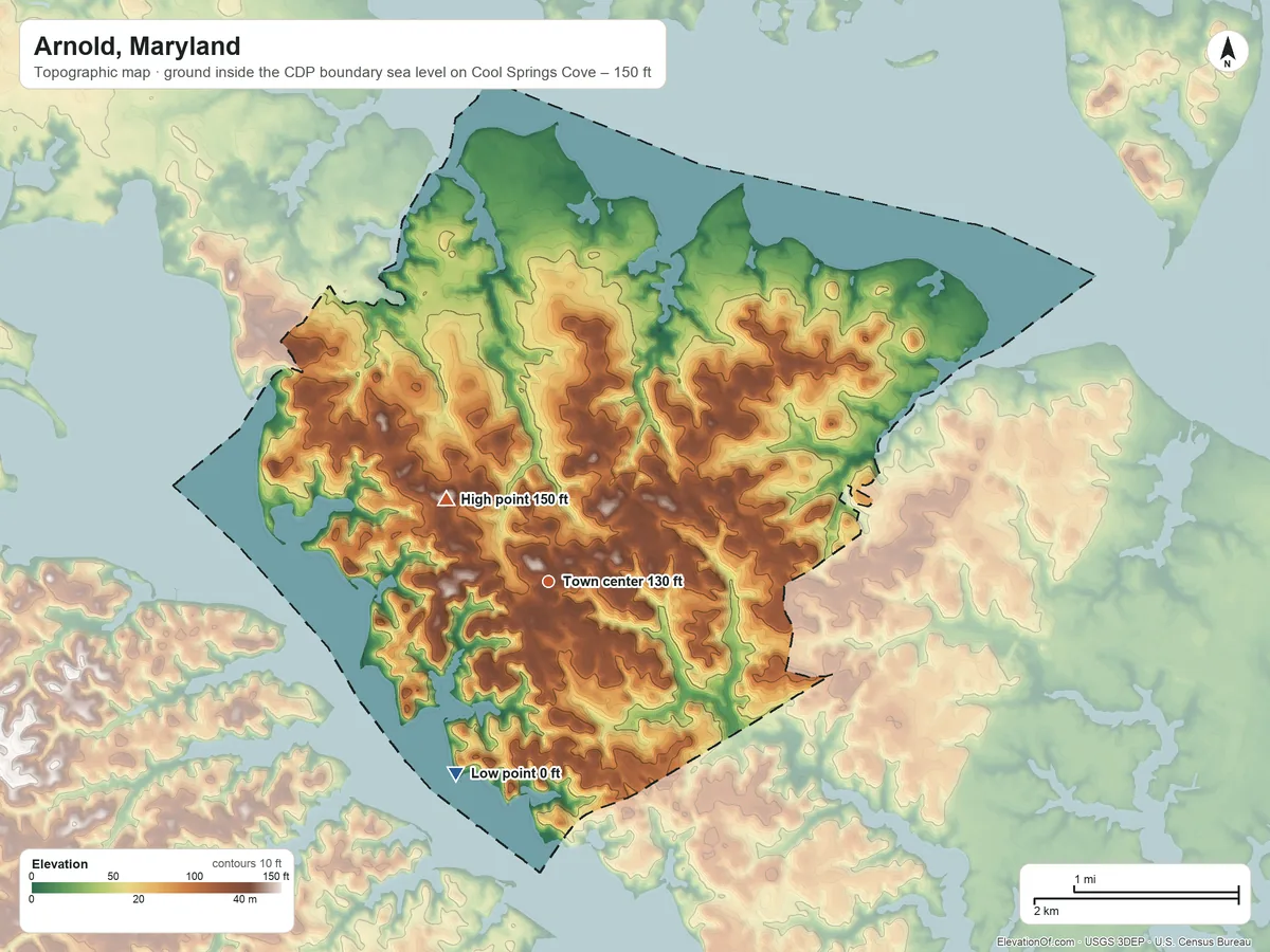 Topographic elevation map of Arnold, Maryland, shaded from sea level level on Cool Springs Cove to 150 ft on the northwest side