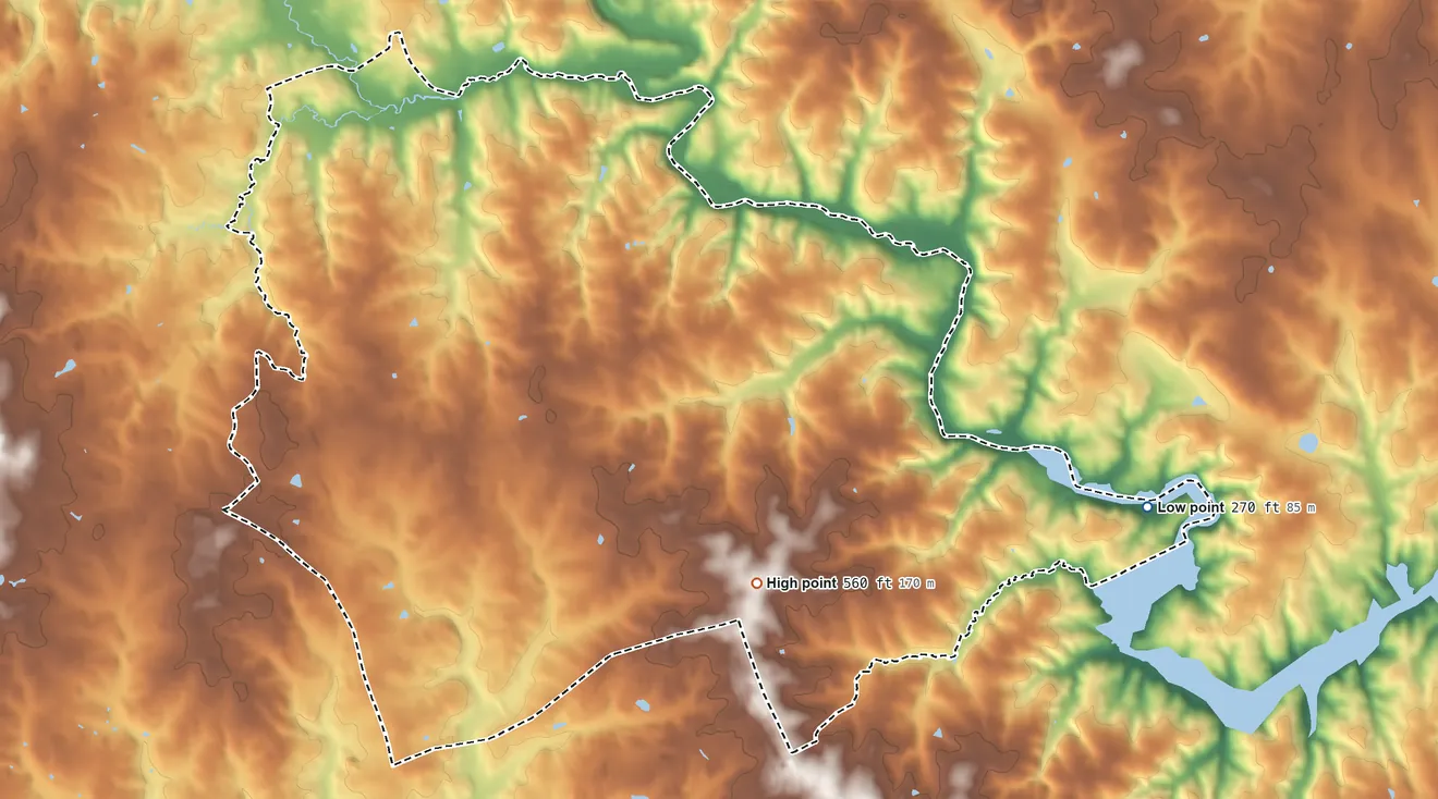 Topographic elevation map of Ashton-Sandy Spring, Maryland, shaded from 270 ft on the east side to 560 ft on the southeast side