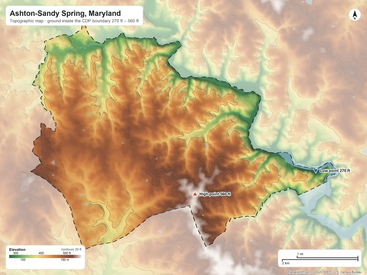 Topographic elevation map of Ashton-Sandy Spring, Maryland, shaded from 270 ft on the east side to 560 ft on the southeast side