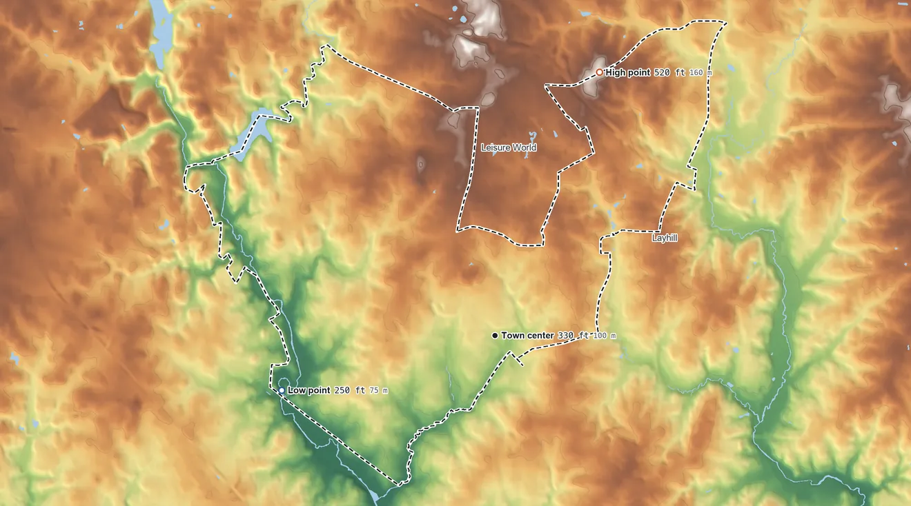 Topographic elevation map of Aspen Hill, Maryland, shaded from 250 ft on the west side to 520 ft on the north side