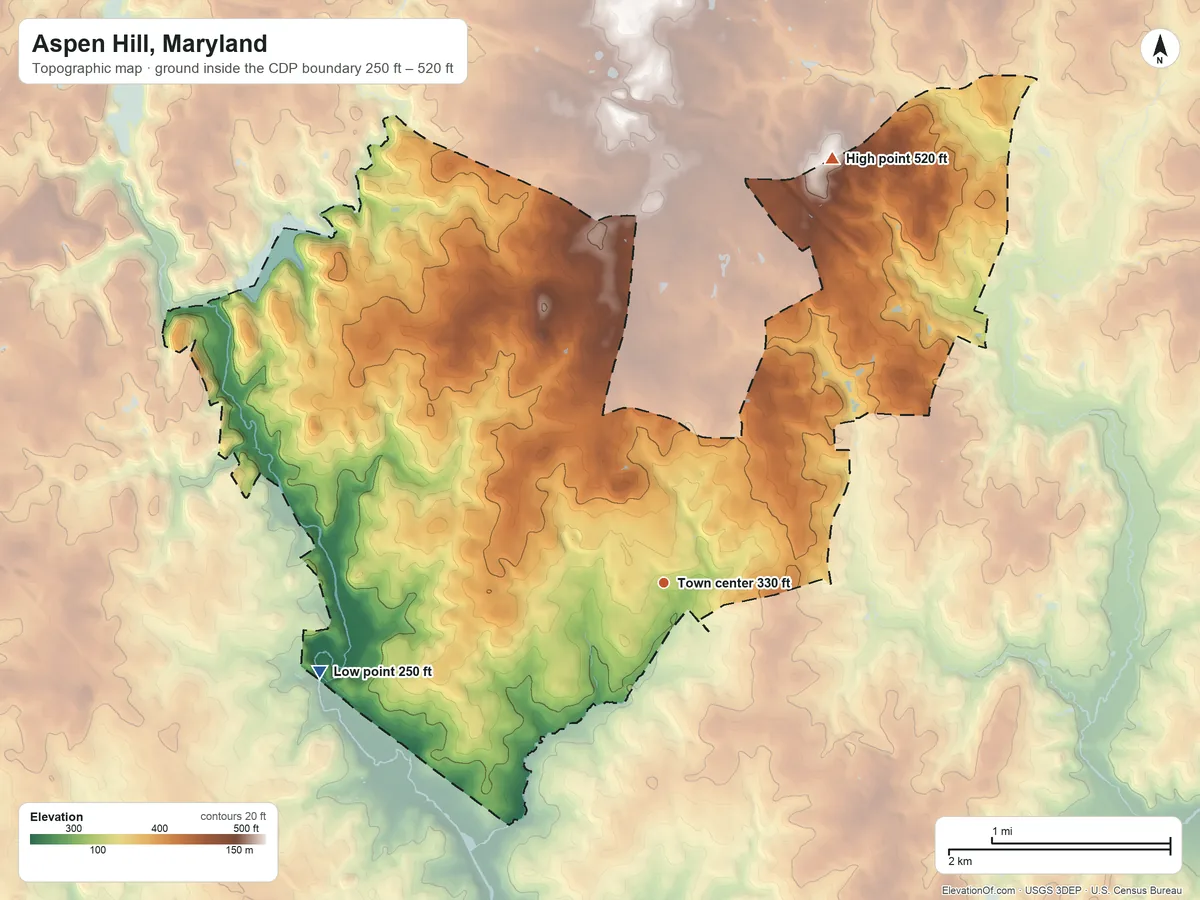 Topographic elevation map of Aspen Hill, Maryland, shaded from 250 ft on the west side to 520 ft on the north side