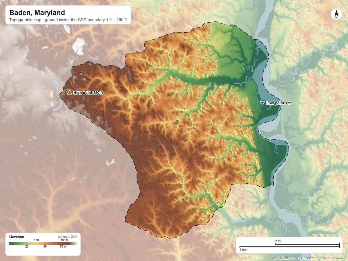 Topographic elevation map of Baden, Maryland, shaded from 1 ft on the east side to 250 ft on the west side