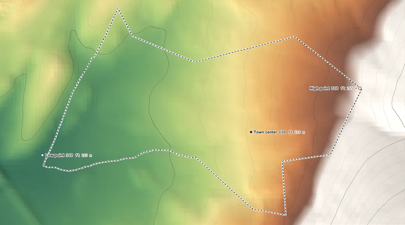 Topographic elevation map of Bagtown, Maryland, shaded from 540 ft on the west side to 880 ft on the east edge, below higher ground just outside