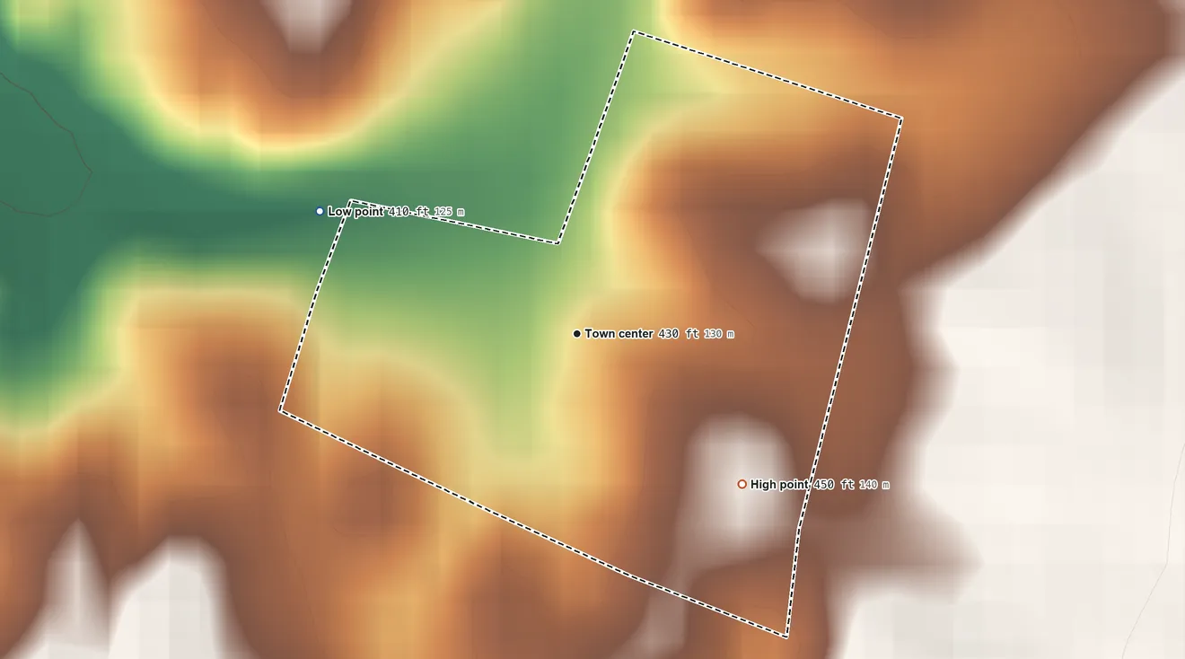 Topographic elevation map of Bakersville, Maryland, shaded from 410 ft on the northwest side to 450 ft on the southeast side