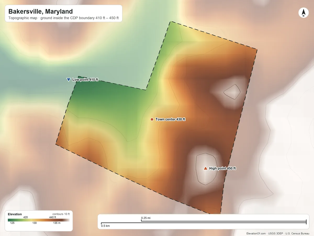 Topographic elevation map of Bakersville, Maryland, shaded from 410 ft on the northwest side to 450 ft on the southeast side