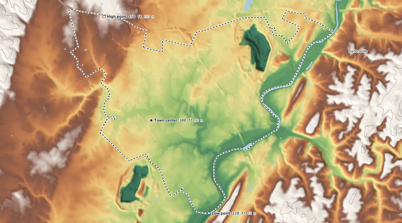 Topographic elevation map of Ballenger Creek, Maryland, shaded from 220 ft on the southeast side to 450 ft on the northwest side