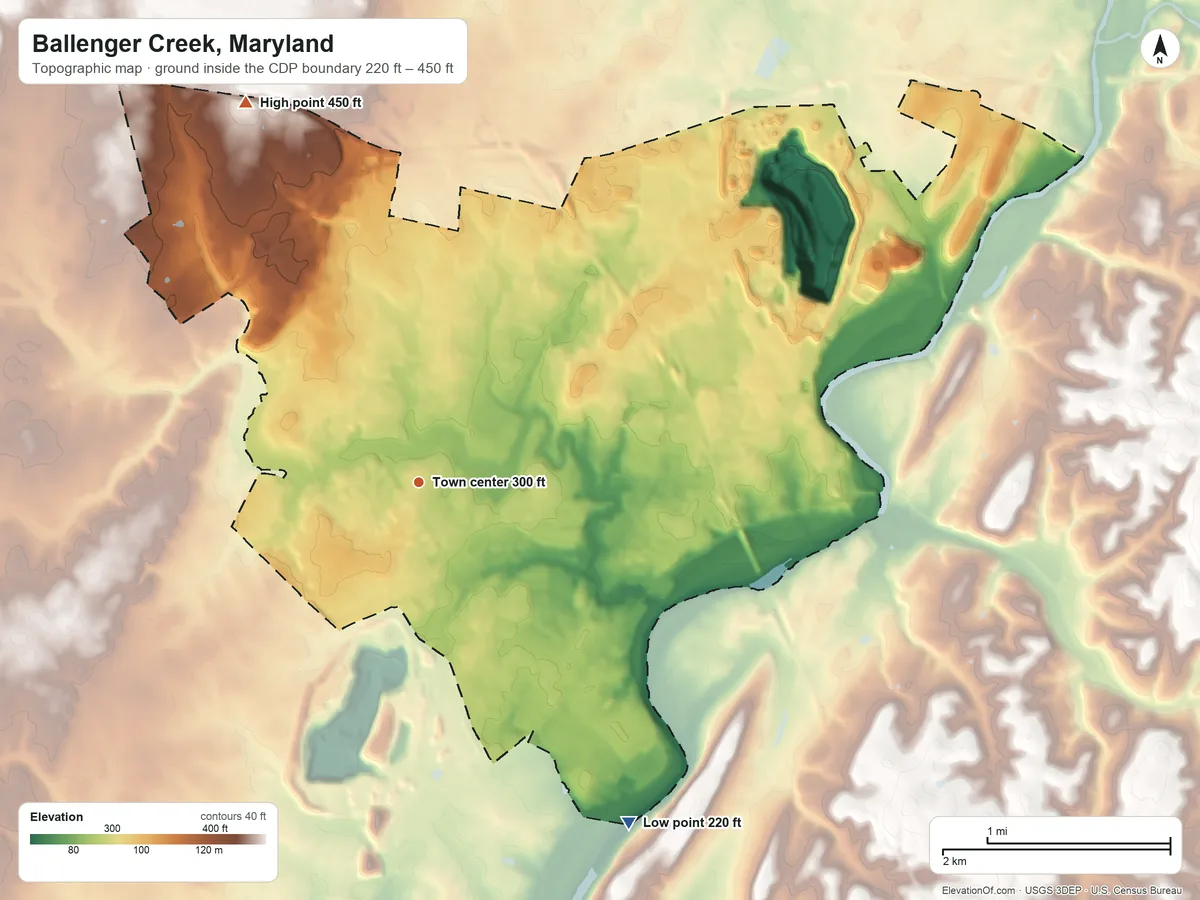 Topographic elevation map of Ballenger Creek, Maryland, shaded from 220 ft on the southeast side to 450 ft on the northwest side
