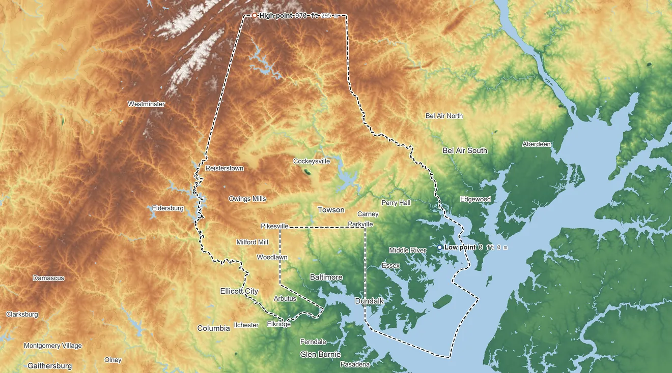 Topographic elevation map of Baltimore County, Maryland, shaded from sea level on Saltpeter Creek to 970 ft on the northwest side