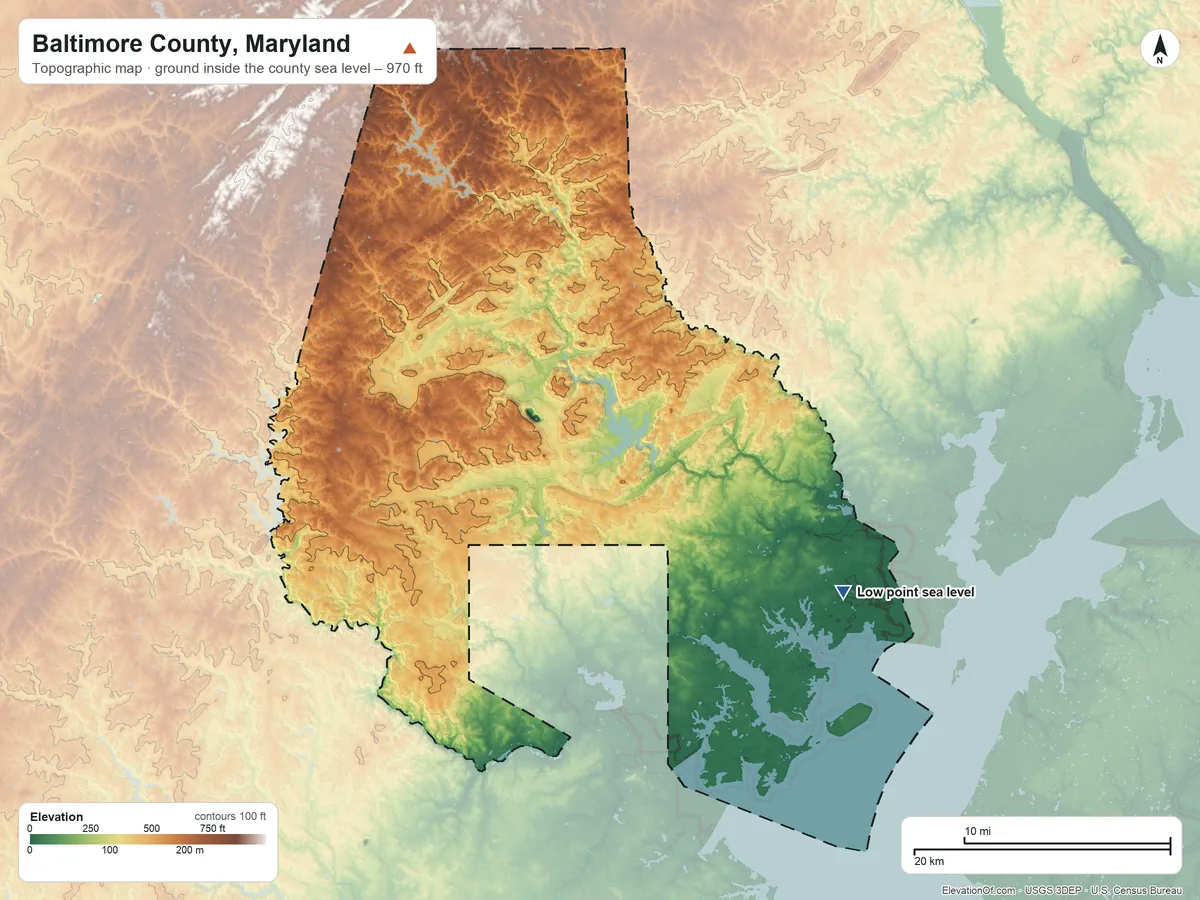 Topographic elevation map of Baltimore County, Maryland, shaded from sea level on Saltpeter Creek to 970 ft on the northwest side