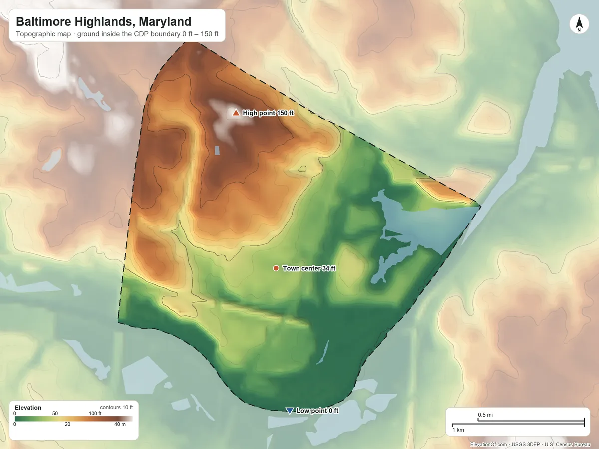 Topographic elevation map of Baltimore Highlands, Maryland, shaded from 0 ft on the south side to 150 ft on the north side