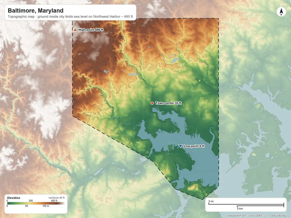 Topographic elevation map of Baltimore, Maryland, shaded from sea level level on Northwest Harbor to 490 ft on the northwest side