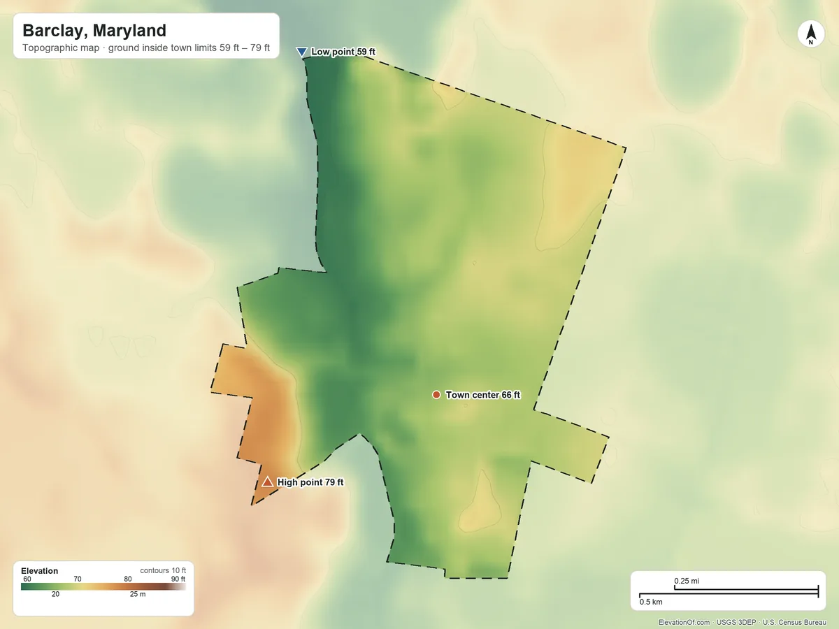 Topographic elevation map of Barclay, Maryland, shaded from 59 ft on the north side to 79 ft on the southwest side