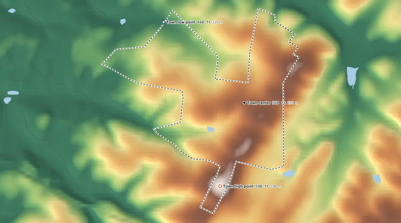 Topographic elevation map of Barnesville, Maryland, shaded from 440 ft on the northwest side to 590 ft on the south side