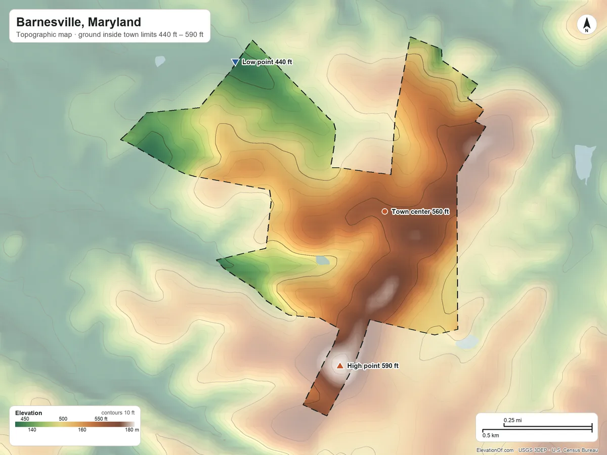 Topographic elevation map of Barnesville, Maryland, shaded from 440 ft on the northwest side to 590 ft on the south side