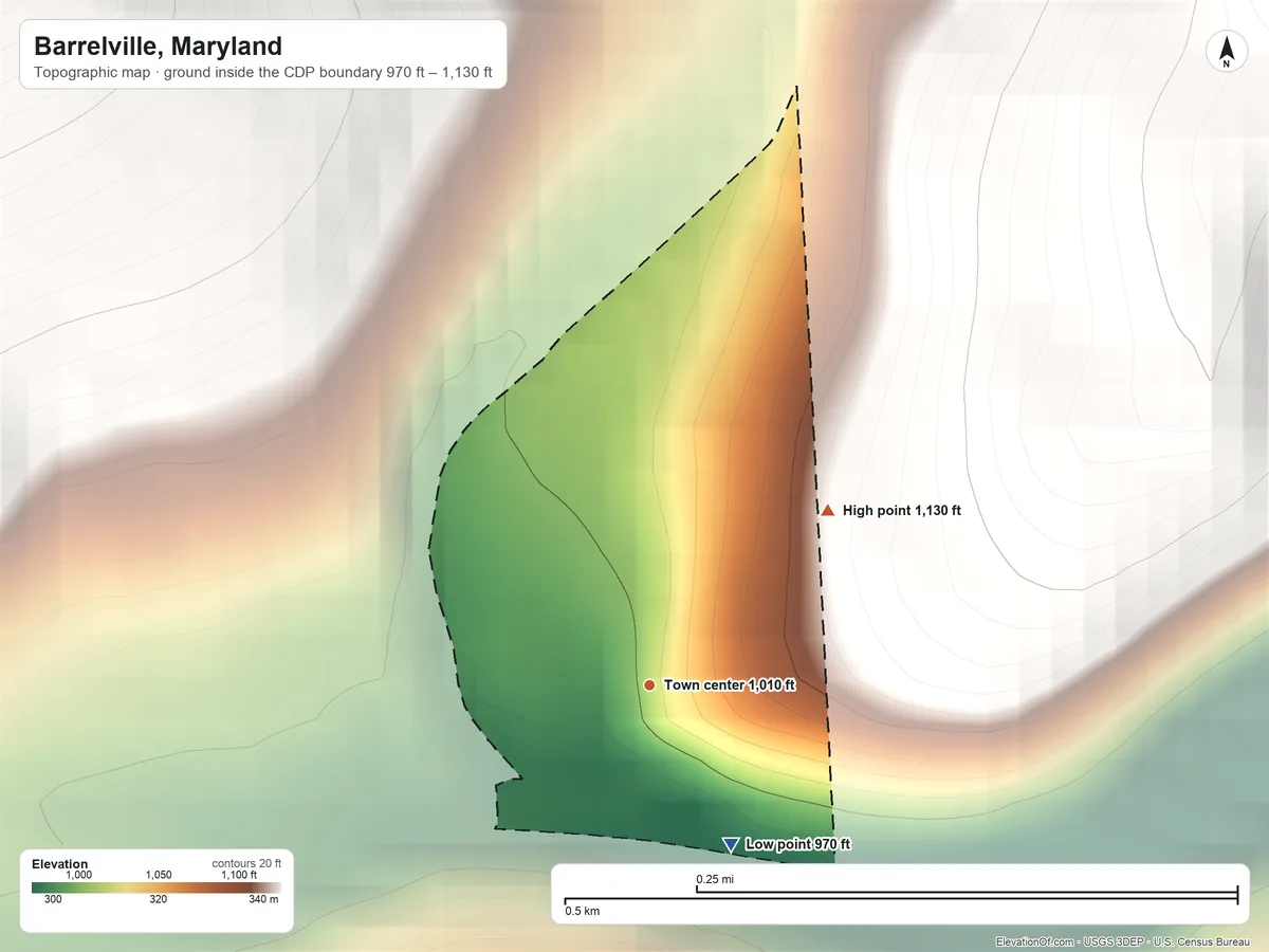 Topographic elevation map of Barrelville, Maryland, shaded from 970 ft on the southeast side to 1,130 ft on the northeast edge, below higher ground just outside