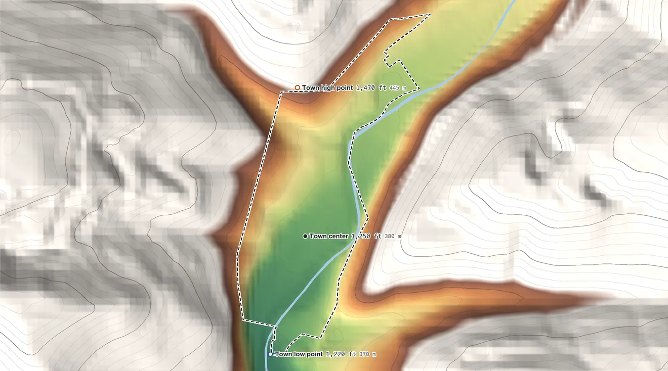 Topographic elevation map of Barton, Maryland, shaded from 1,220 ft on the south side to 1,470 ft on the north edge, below higher ground just outside