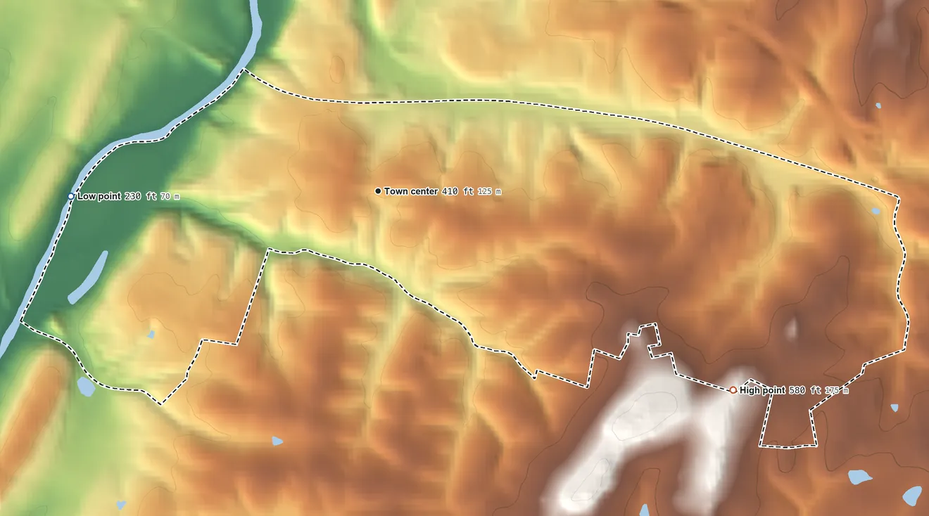 Topographic elevation map of Bartonsville, Maryland, shaded from 230 ft on the west side to 580 ft on the southeast side
