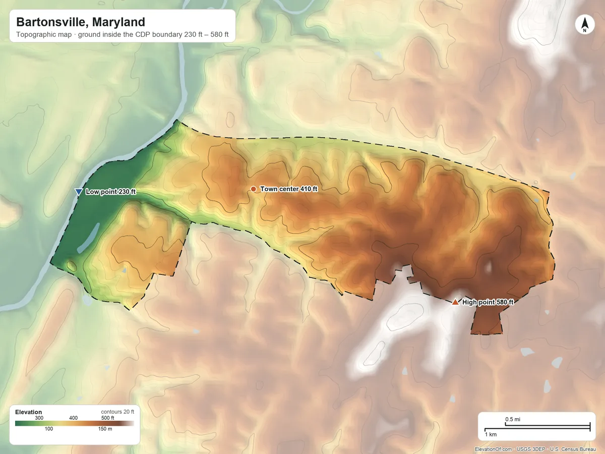 Topographic elevation map of Bartonsville, Maryland, shaded from 230 ft on the west side to 580 ft on the southeast side