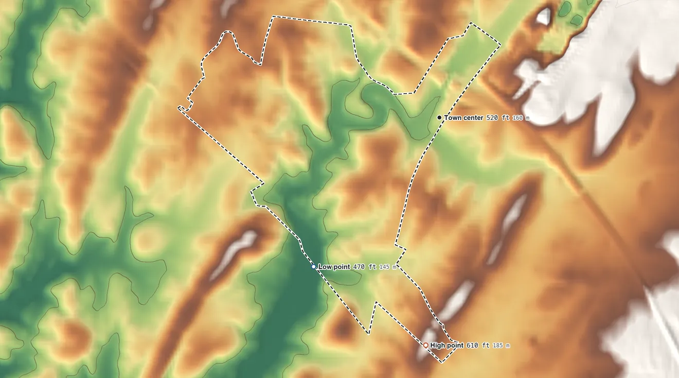 Topographic elevation map of Beaver Creek, Maryland, shaded from 470 ft on the southwest side to 610 ft on the south edge, below higher ground just outside