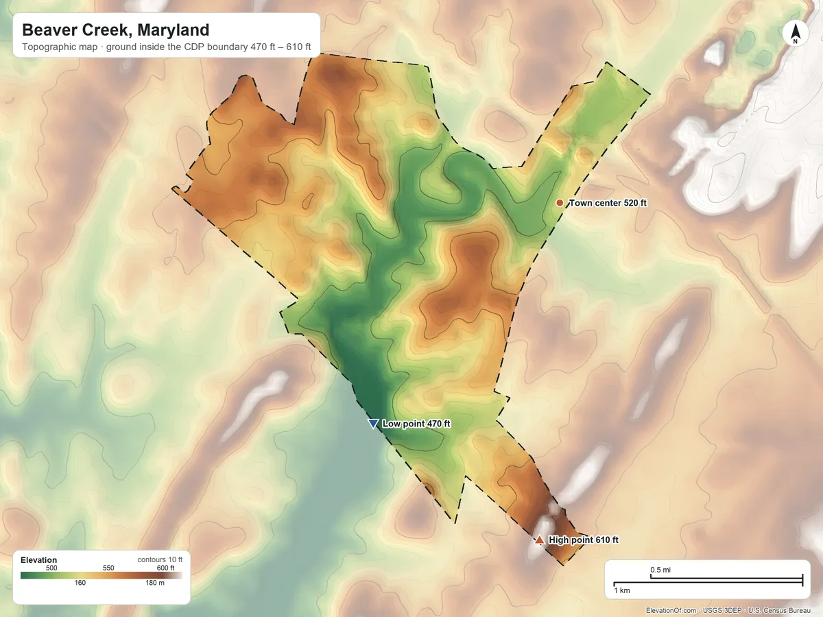 Topographic elevation map of Beaver Creek, Maryland, shaded from 470 ft on the southwest side to 610 ft on the south edge, below higher ground just outside