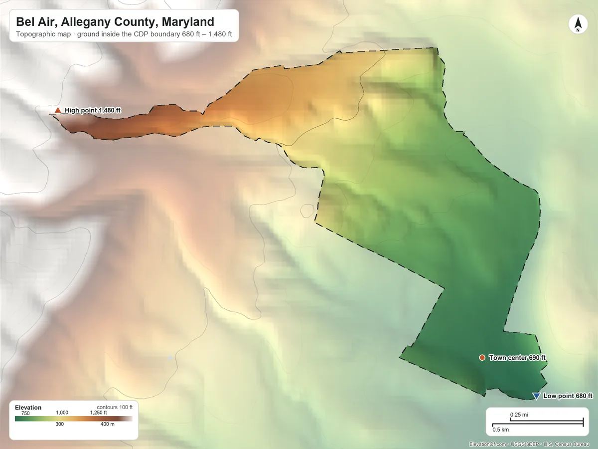 Topographic elevation map of Bel Air, Allegany County, Maryland, shaded from 680 ft on the southeast side to 1,480 ft on the northwest edge, below higher ground just outside