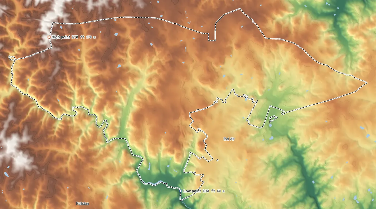 Topographic elevation map of Bel Air North, Maryland, shaded from 190 ft on the south side to 570 ft on the west side