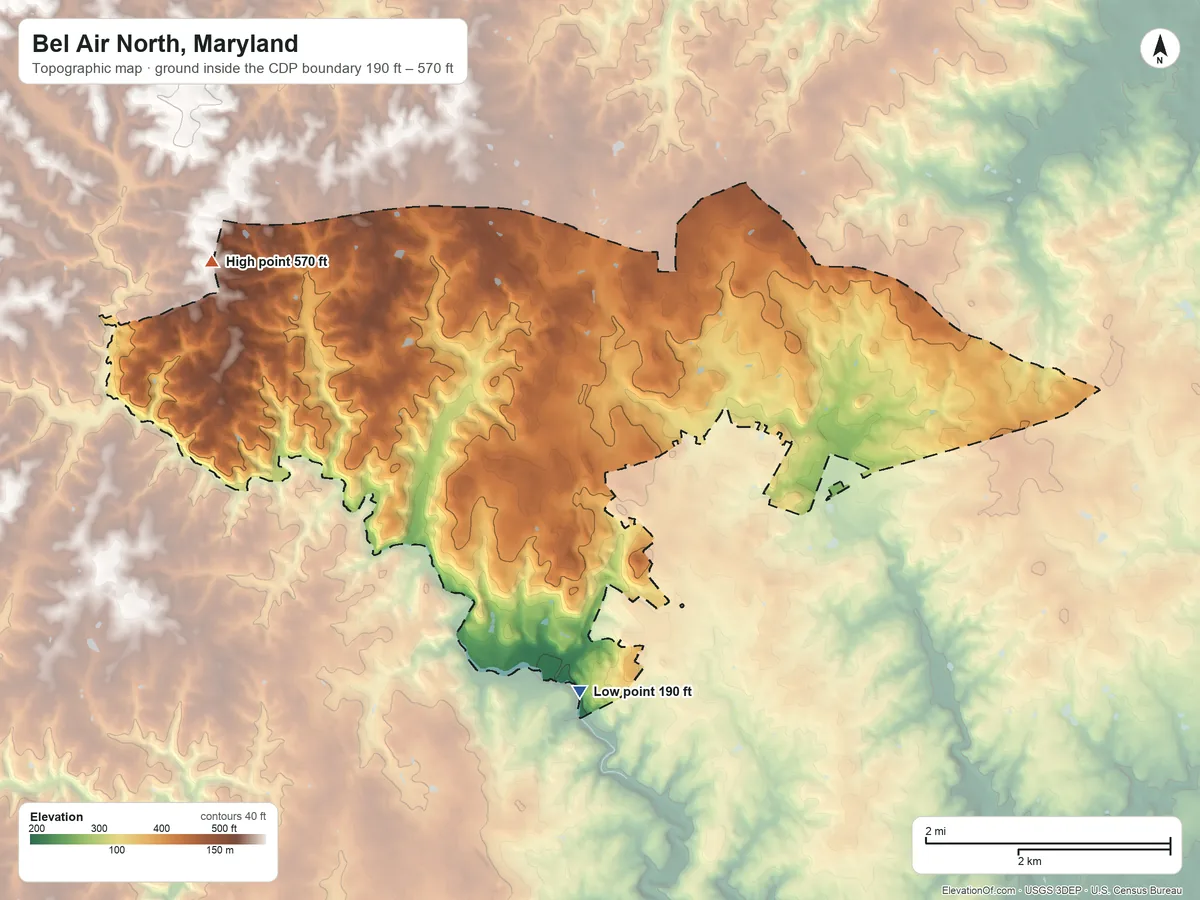 Topographic elevation map of Bel Air North, Maryland, shaded from 190 ft on the south side to 570 ft on the west side