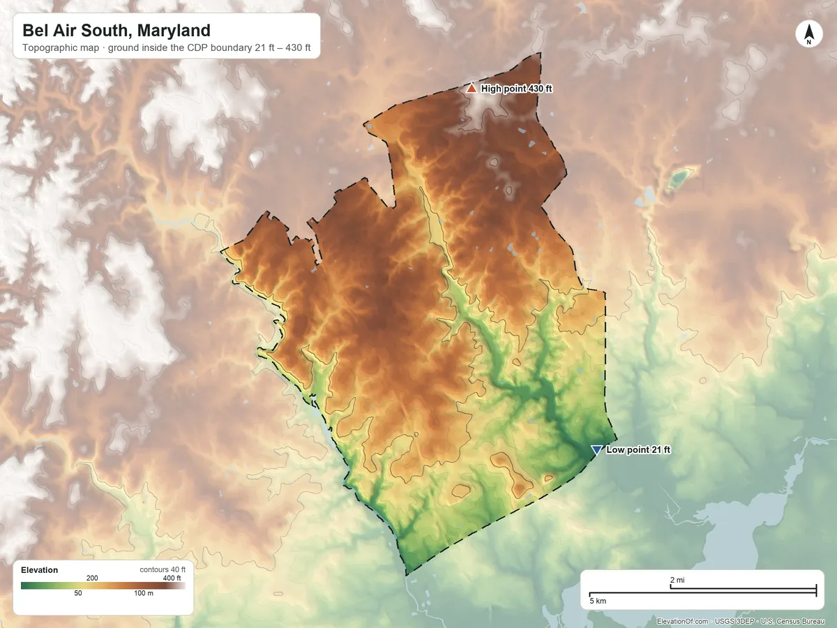 Topographic elevation map of Bel Air South, Maryland, shaded from 21 ft on the southeast side to 430 ft on the north side