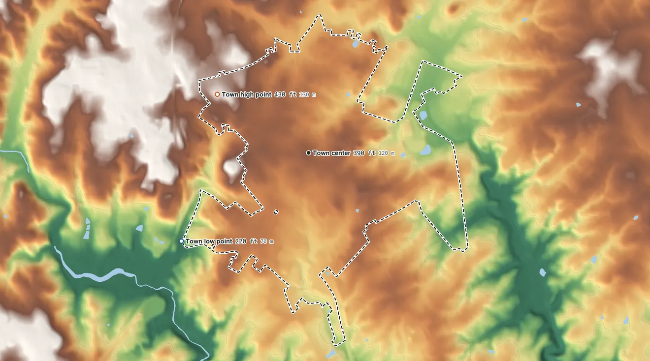 Topographic elevation map of Bel Air, Maryland, shaded from 220 ft on the southwest side to 430 ft on the northwest side
