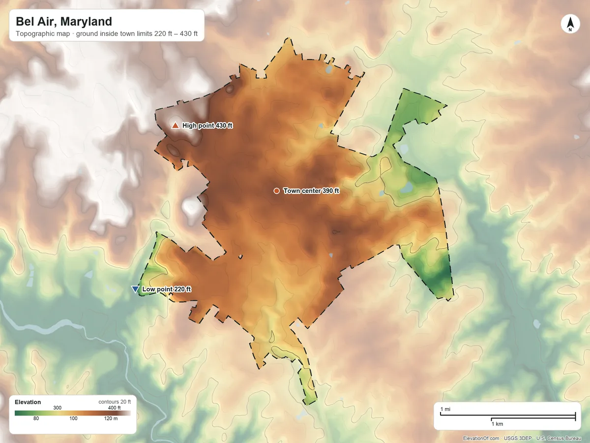 Topographic elevation map of Bel Air, Maryland, shaded from 220 ft on the southwest side to 430 ft on the northwest side