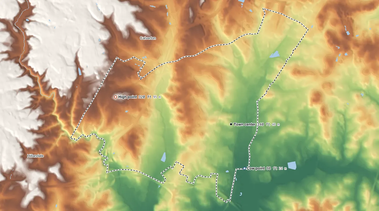 Topographic elevation map of Beltsville, Maryland, shaded from 80 ft on the south side to 320 ft on the west side