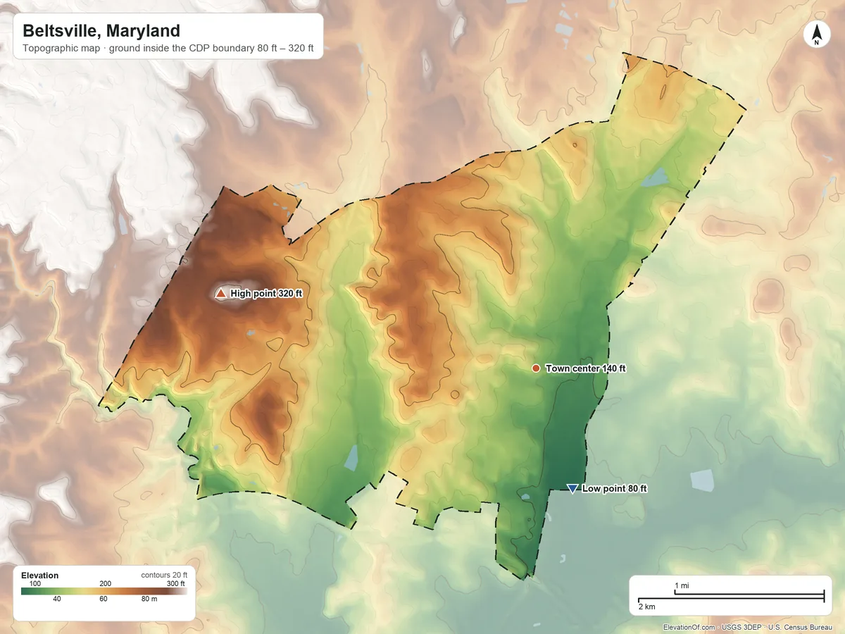 Topographic elevation map of Beltsville, Maryland, shaded from 80 ft on the south side to 320 ft on the west side