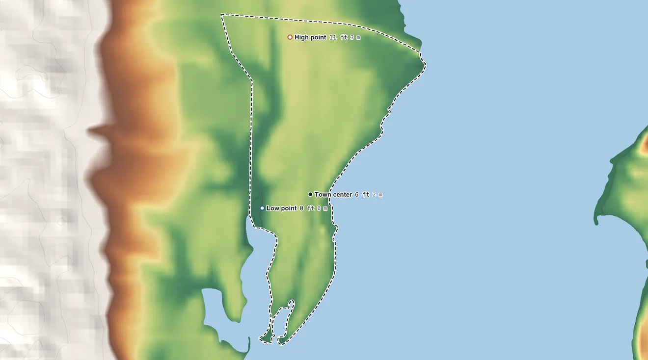 Topographic elevation map of Benedict, Maryland, shaded from 0 ft on the west side to 11 ft on the north side