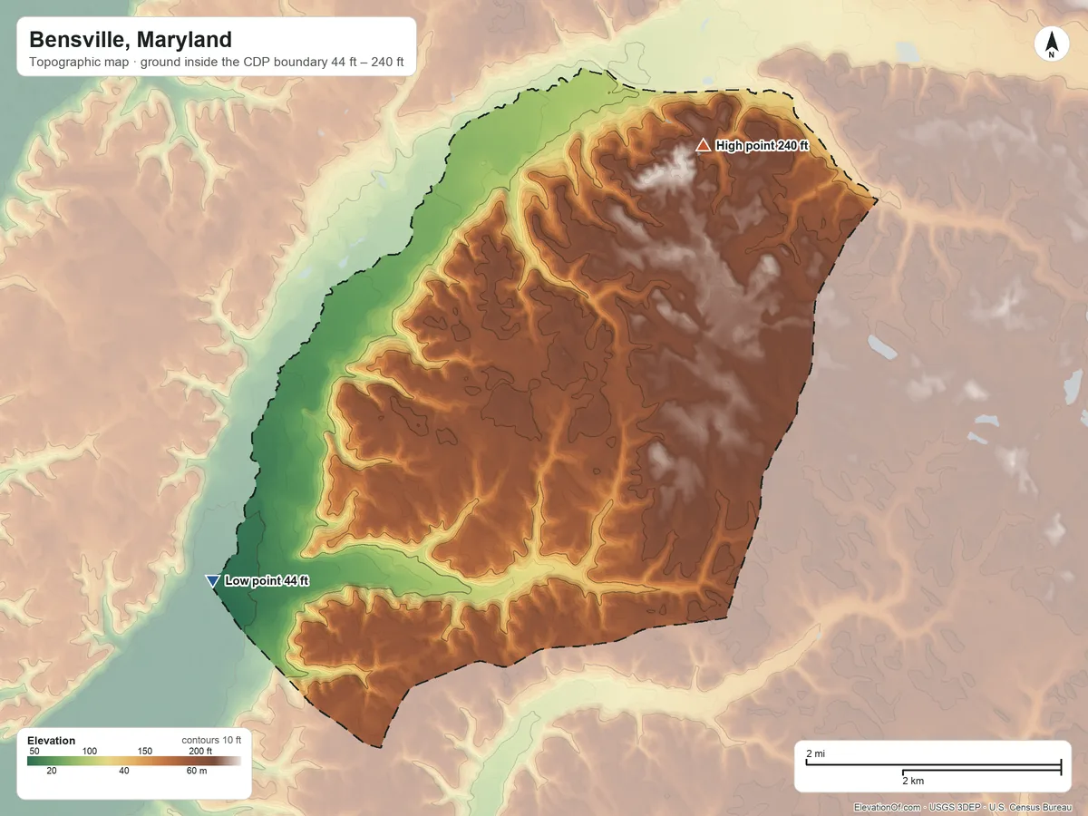 Topographic elevation map of Bensville, Maryland, shaded from 44 ft on the southwest side to 240 ft on the northeast side