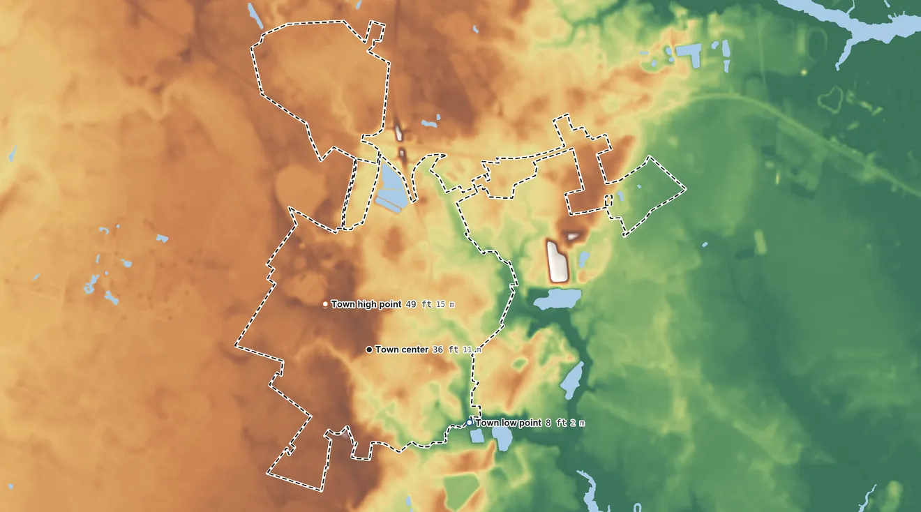Topographic elevation map of Berlin, Maryland, shaded from 8 ft on the southeast side to 49 ft near the middle