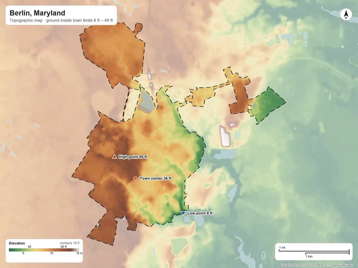 Topographic elevation map of Berlin, Maryland, shaded from 8 ft on the southeast side to 49 ft near the middle