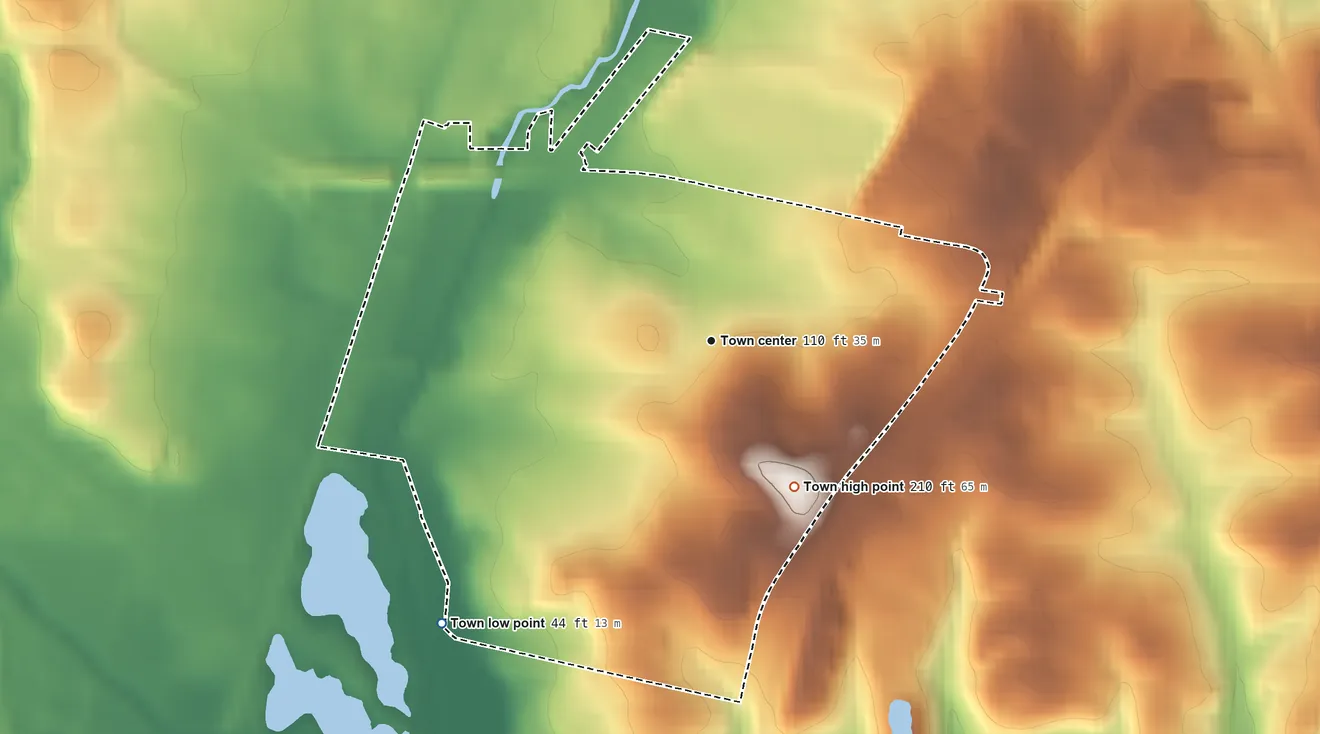 Topographic elevation map of Berwyn Heights, Maryland, shaded from 44 ft on the southwest side to 210 ft on the southeast side