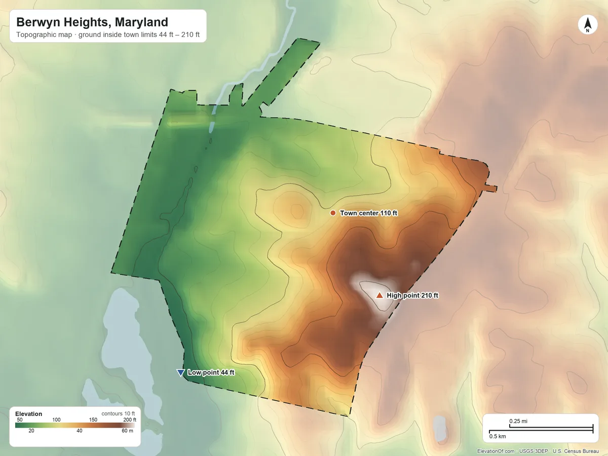 Topographic elevation map of Berwyn Heights, Maryland, shaded from 44 ft on the southwest side to 210 ft on the southeast side