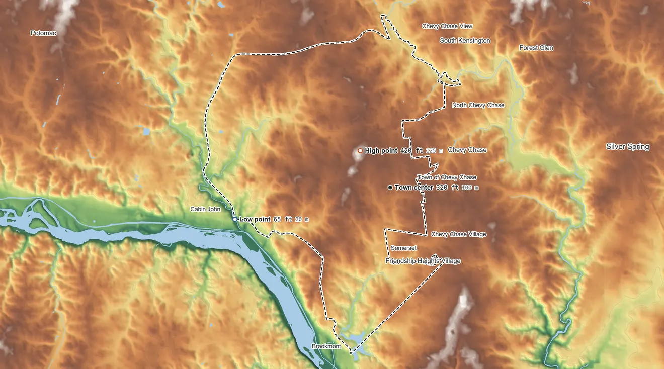 Topographic elevation map of Bethesda, Maryland, shaded from 65 ft on the west side to 420 ft on the northwest side