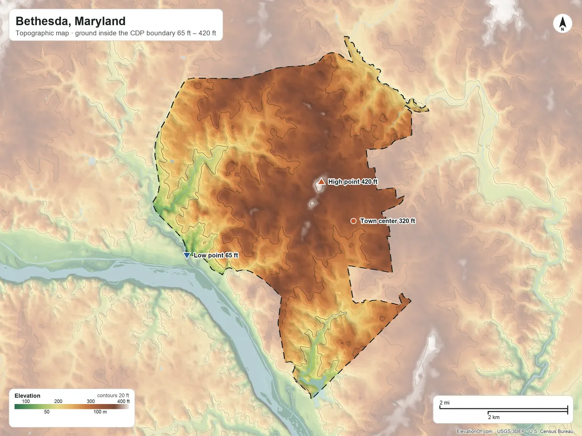 Topographic elevation map of Bethesda, Maryland, shaded from 65 ft on the west side to 420 ft on the northwest side