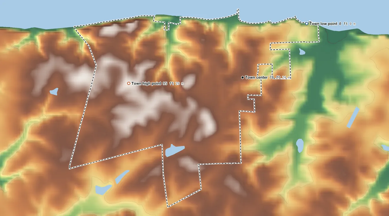 Topographic elevation map of Betterton, Maryland, shaded from sea level level on Chesapeake Bay to 95 ft on the west side