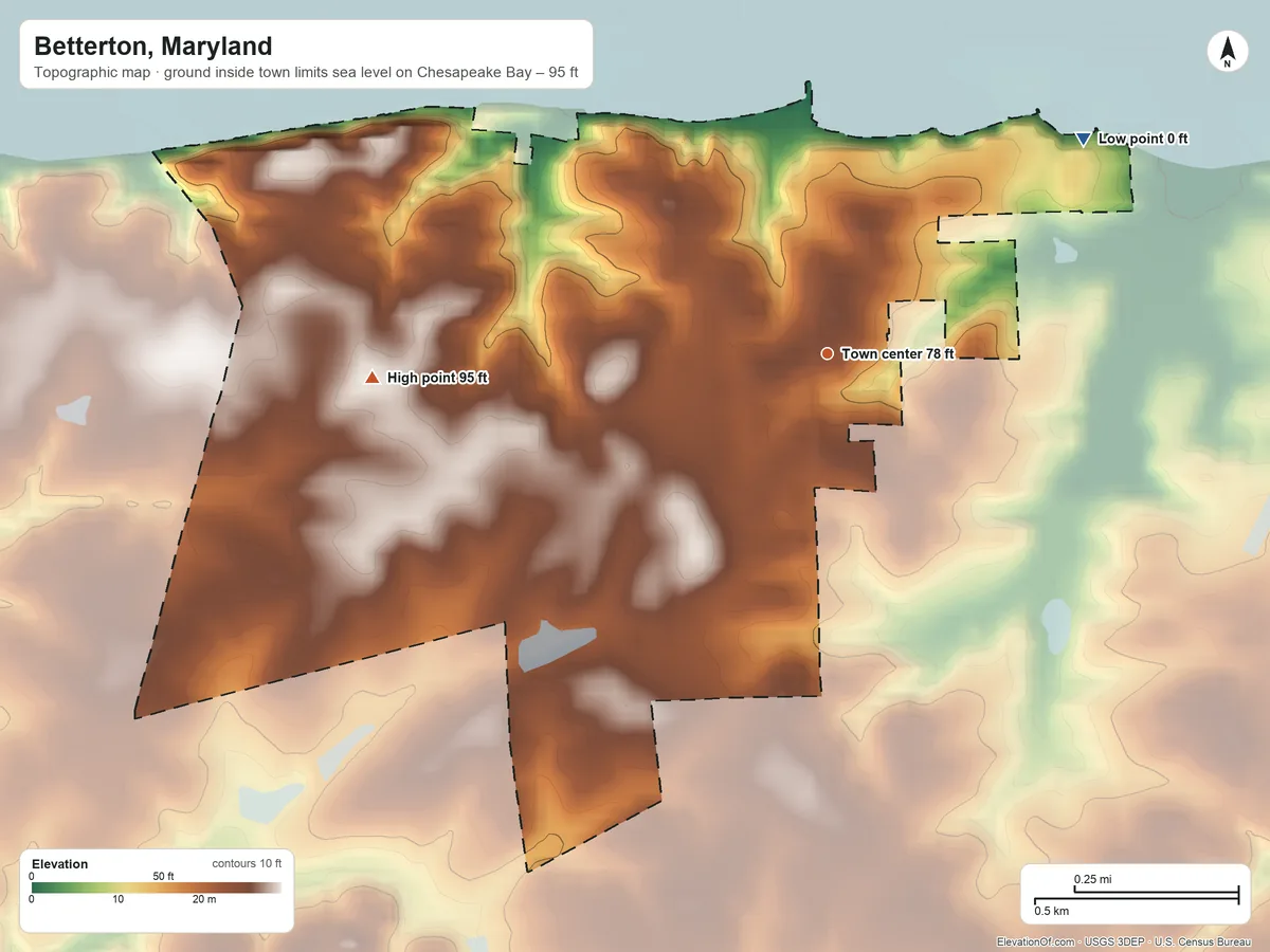 Topographic elevation map of Betterton, Maryland, shaded from sea level level on Chesapeake Bay to 95 ft on the west side