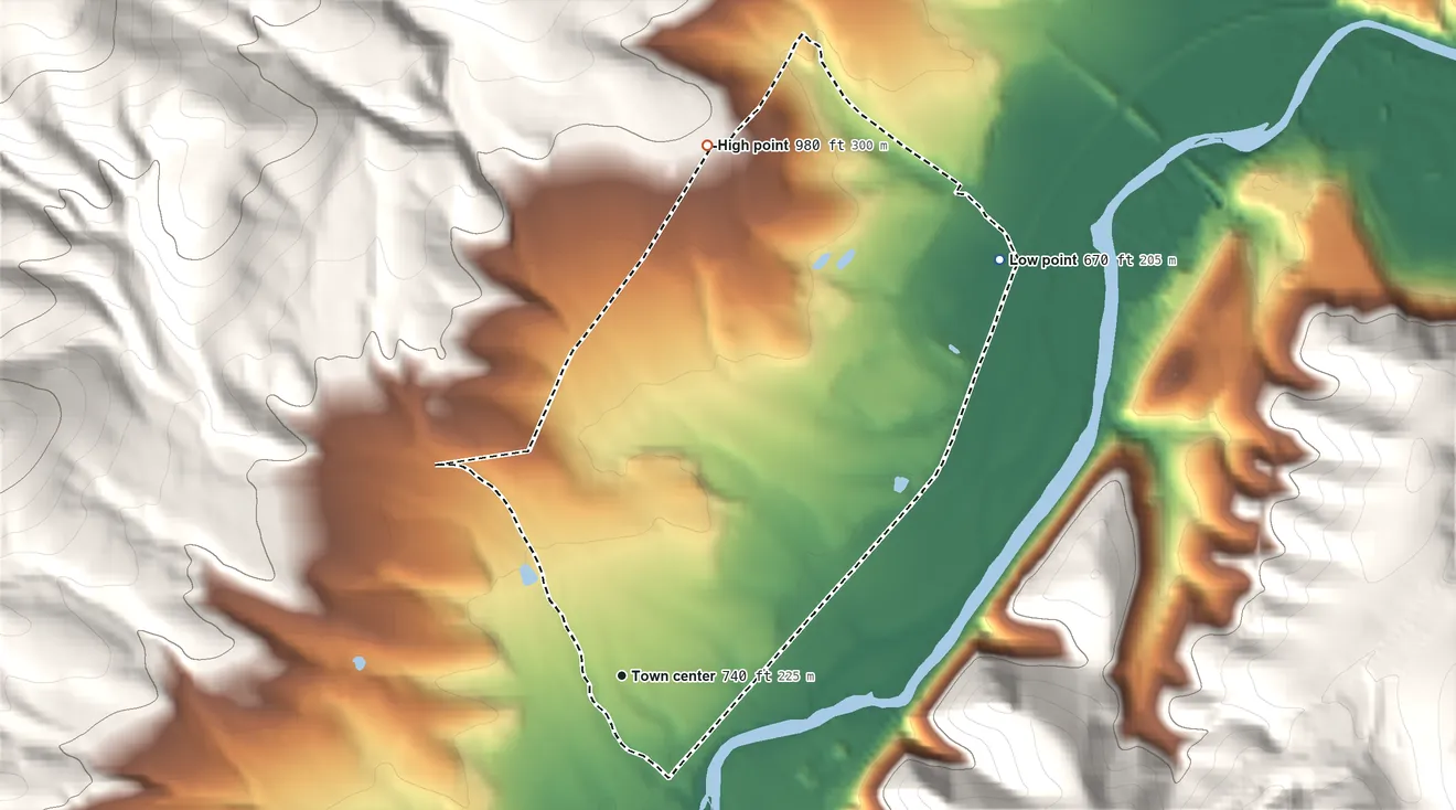 Topographic elevation map of Bier, Maryland, shaded from 670 ft on the northeast side to 980 ft on the north edge, below higher ground just outside
